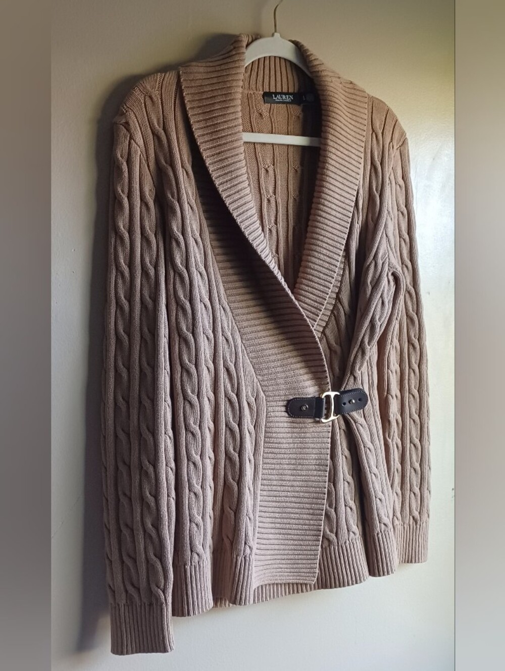 LAUREN RL Buckled Cotton Sweater In Camel L